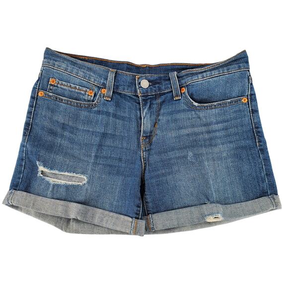 Levi's Women's 27 Factory Distressed Roll Hem Denim Shorts Mid Rise Pre-Owned - Picture 1 of 7